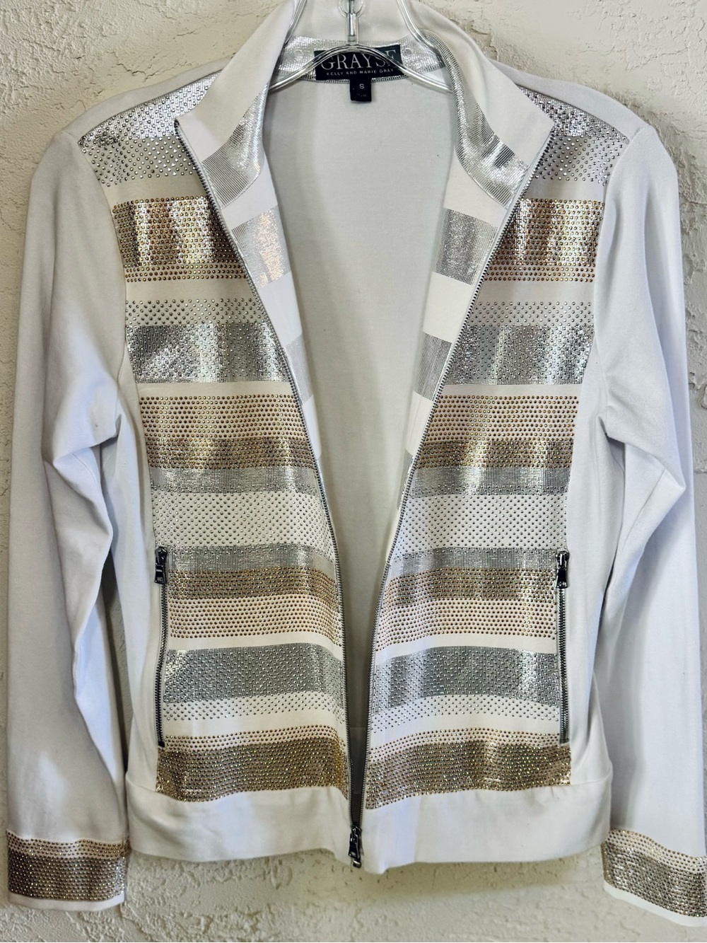 GRAYSE White Metallic Stripe Bomber Jacket